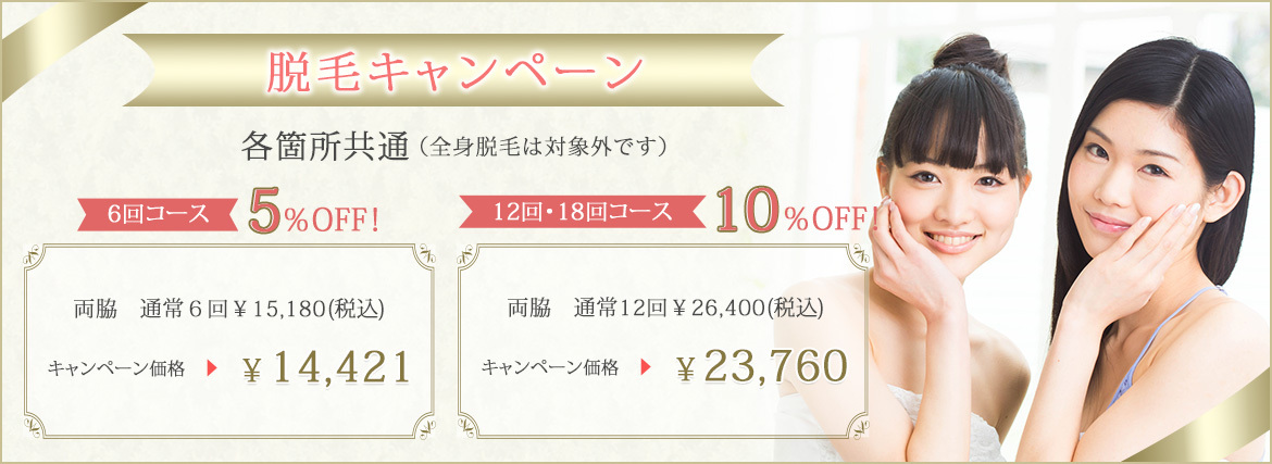 画像：脱毛キャンペーン 各箇所共通（全身脱毛は対象外です） 6回コース　5％OFF！ 12回コース　10％OFF！
